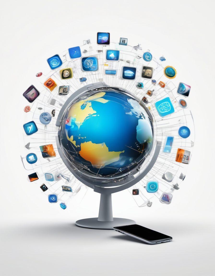 A dynamic collage featuring diverse web design elements, digital marketing icons, cloud computing, and coding snippets, arranged around a futuristic globe symbolizing the internet. Include visuals of modern devices like smartphones, tablets, and computers, all interconnected by flowing data lines. vibrant colors. super-realistic. white background.