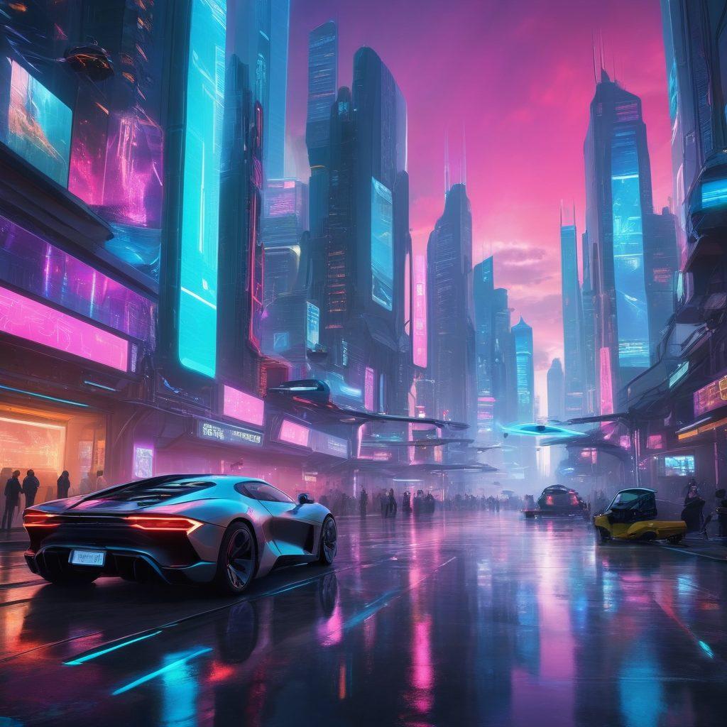 Futuristic cityscape with holographic displays, advanced AI interfaces, and people using cutting-edge technology devices, all integrated seamlessly into a modern urban environment. Include elements that symbolize innovation and breakthrough solutions like flying cars, drones, and smart buildings. Vibrant colors with a touch of neon. cyberpunk. super-realistic.
